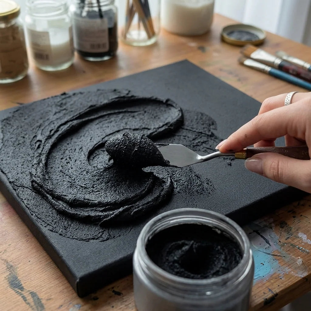 Aplikace černé 3D reliéfní modelovací pasty Midnight špachtlí na plátno