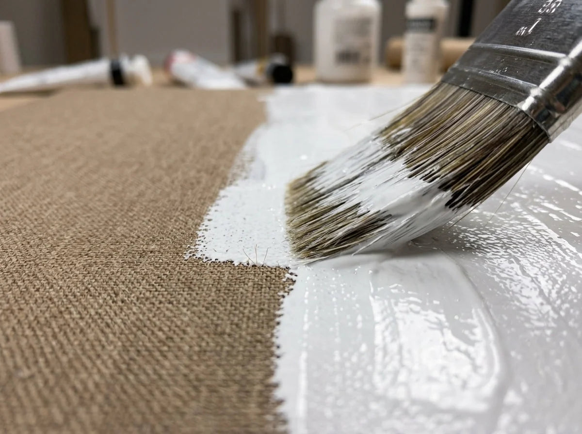 Nanášení bílého akrylového gesso na bavlněné plátno