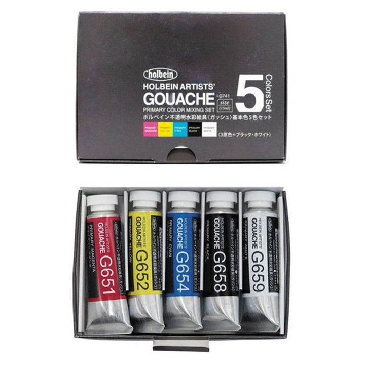 Profesionální kvašové barvy Holbein Artists - základní sada 5 x 15 ml