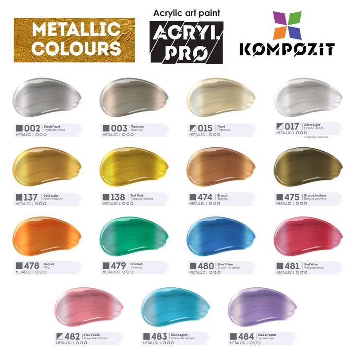 Sada metalických akrylových barev ACRYL PRO Kompozit 15x75 ml