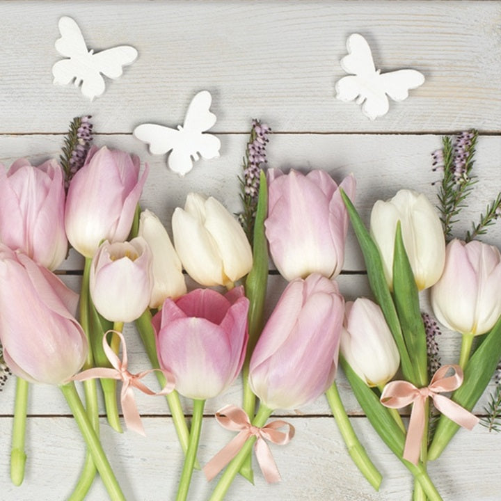 Ubrousky na dekupáž White & Pink tulipány on Wood - 1 ks