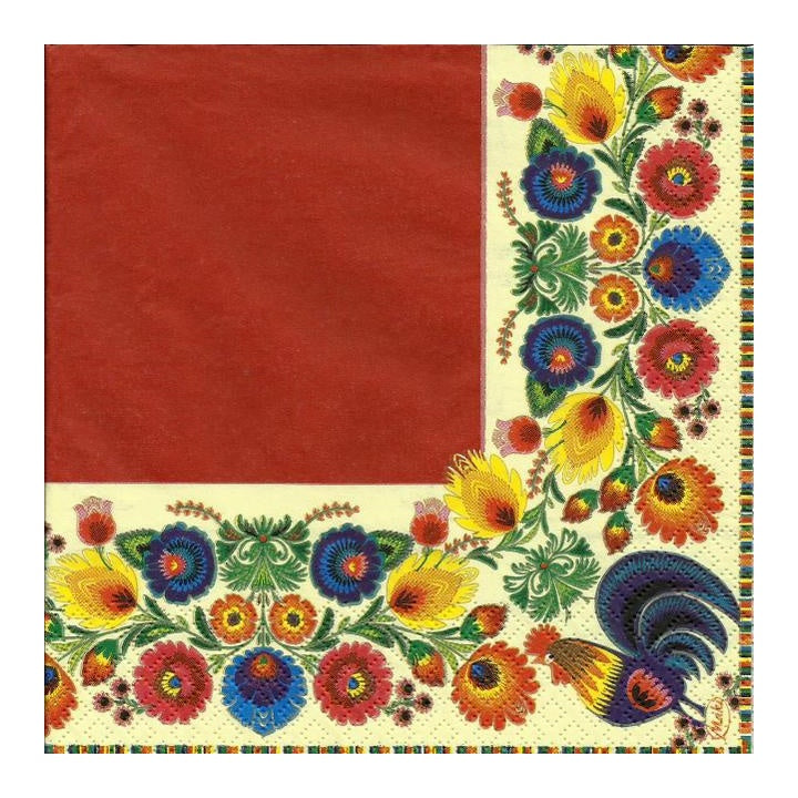 Eko ubrousky na dekupáž Folk Cocks Red & Cream - 1ks