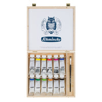 Sada akrylových barev a štětce v dřevěném boxu Schmincke AKADEMIE 12 x 60 ml