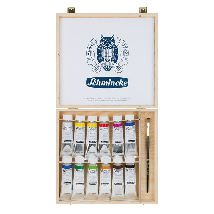 Sada akrylových barev a štětce v dřevěném boxu Schmincke AKADEMIE 12 x 60 ml