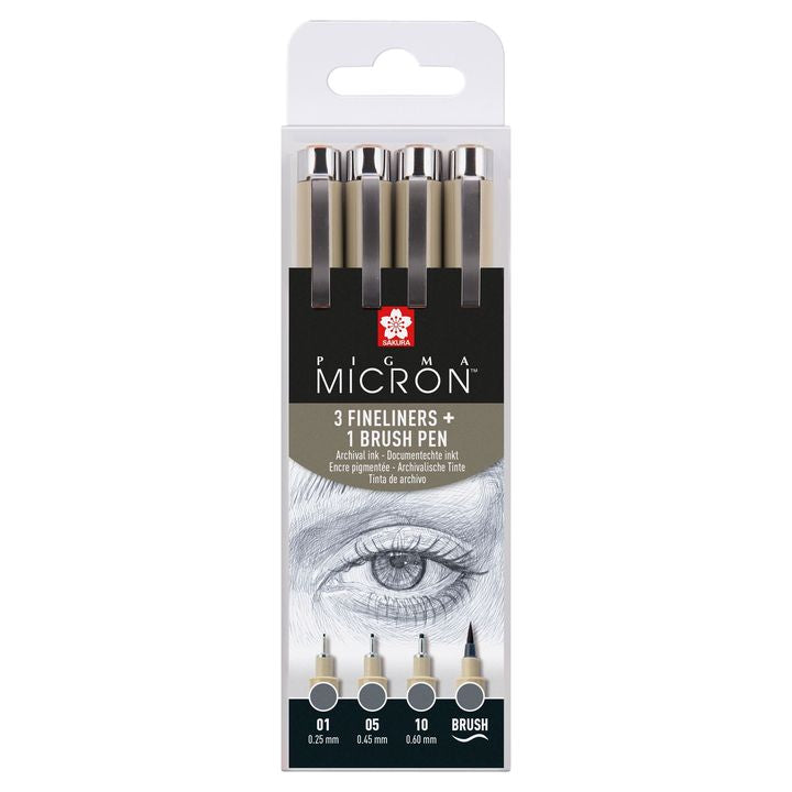 Sada technických per Sakura Pigma Micron 3 fineliners a brush pen