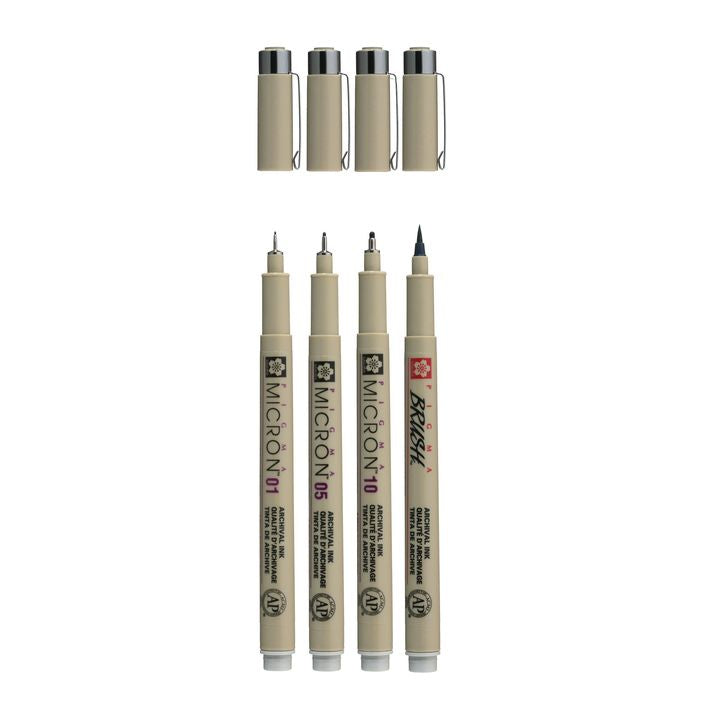 Sada technických per Sakura Pigma Micron 3 fineliners a brush pen