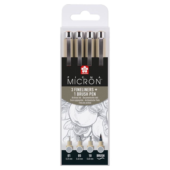 Sada technických per Sakura Pigma Micron 3 fineliners a brush pen