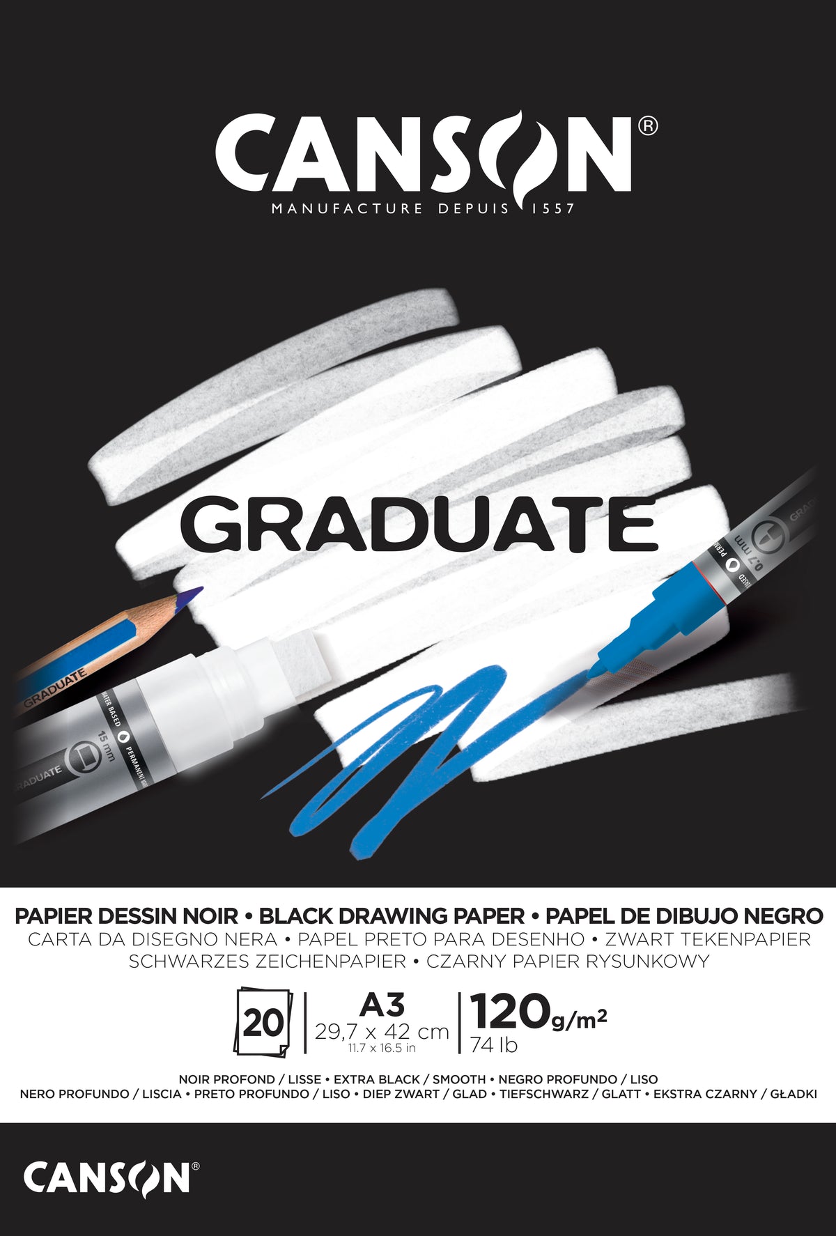 Černý skicák CANSON Graduate 120 g/m² A3 - 20 listů, lepený