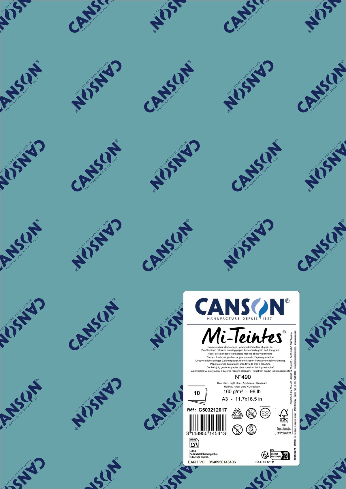 Papír na pastel Canson Mi-Teintes A3 160 g - 10 listů – Světle modrá 490