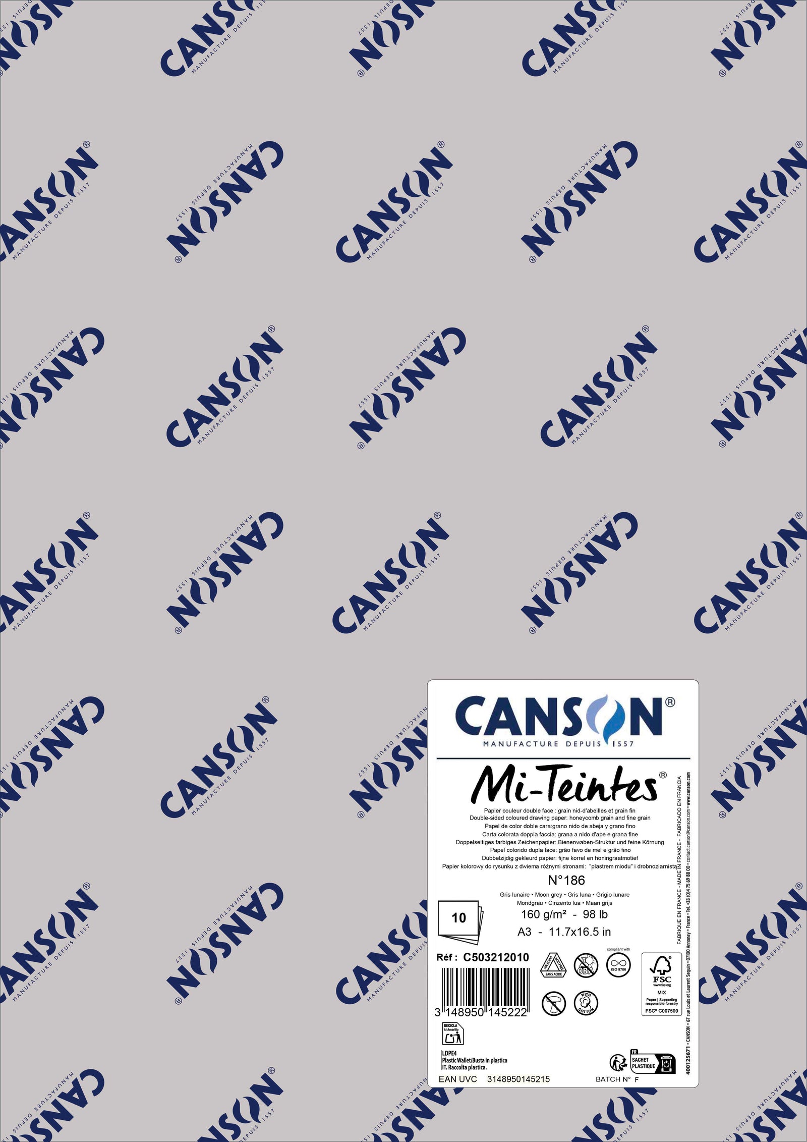 Papír na pastel Canson Mi-Teintes A3 160 g - 10 listů – Měsíční šedá 186