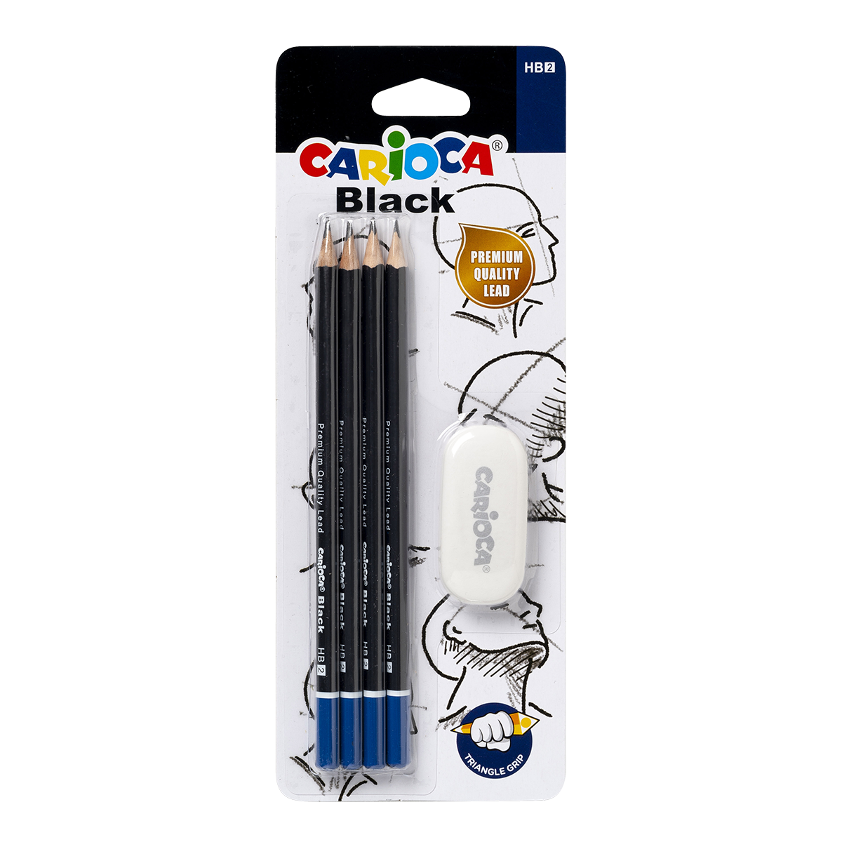 Carioca sada trojhranných tužek Black 2/HB s pryží, 4 ks