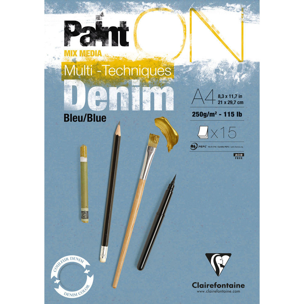 Clairefontaine Paint'On Mix Media blok 250 g lepený – 15L A4 džínová modrá