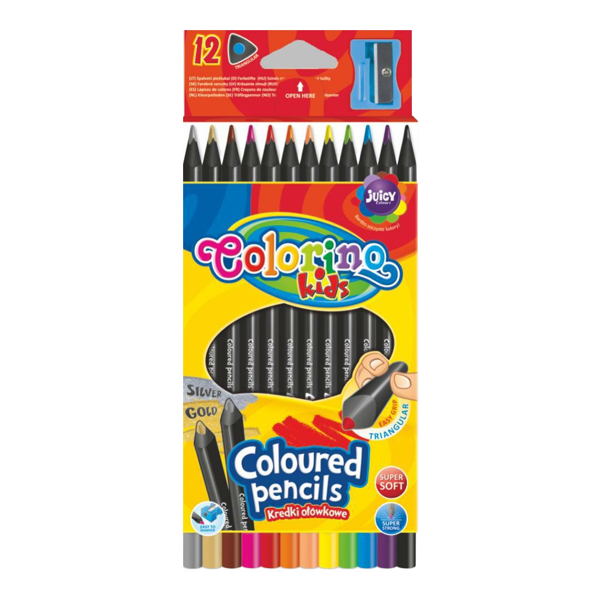 Colorino trojhranné pastelky z černého dřeva s ořezávátkem - 12 barev