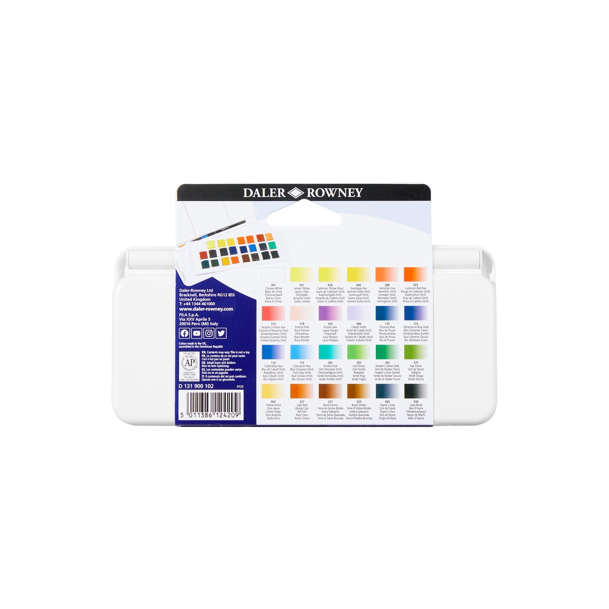 DALER ROWNEY Aquafine akvarelová cestovní sada 24 půlpánviček se štětcem