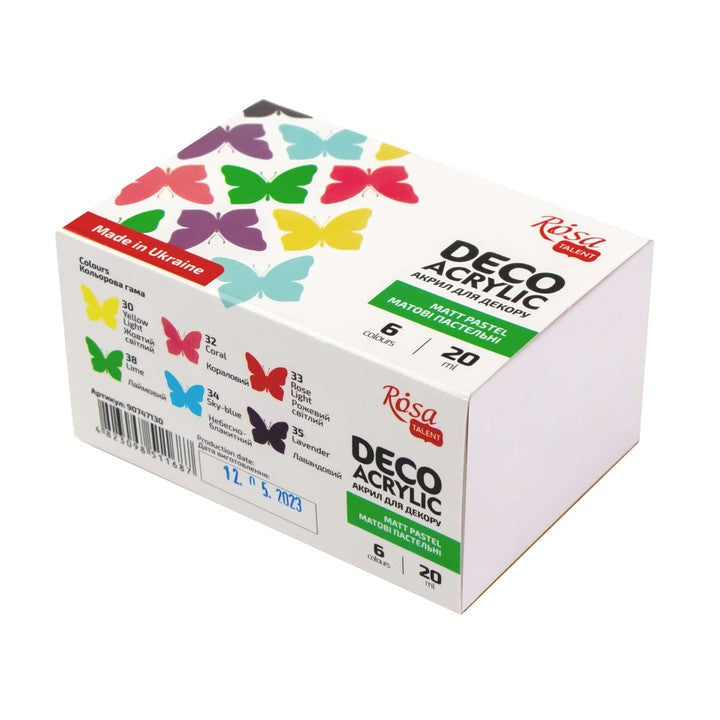 Matná akrylová farba na dekorácie, pastelové farby, 6x20ml ROSA TALENT