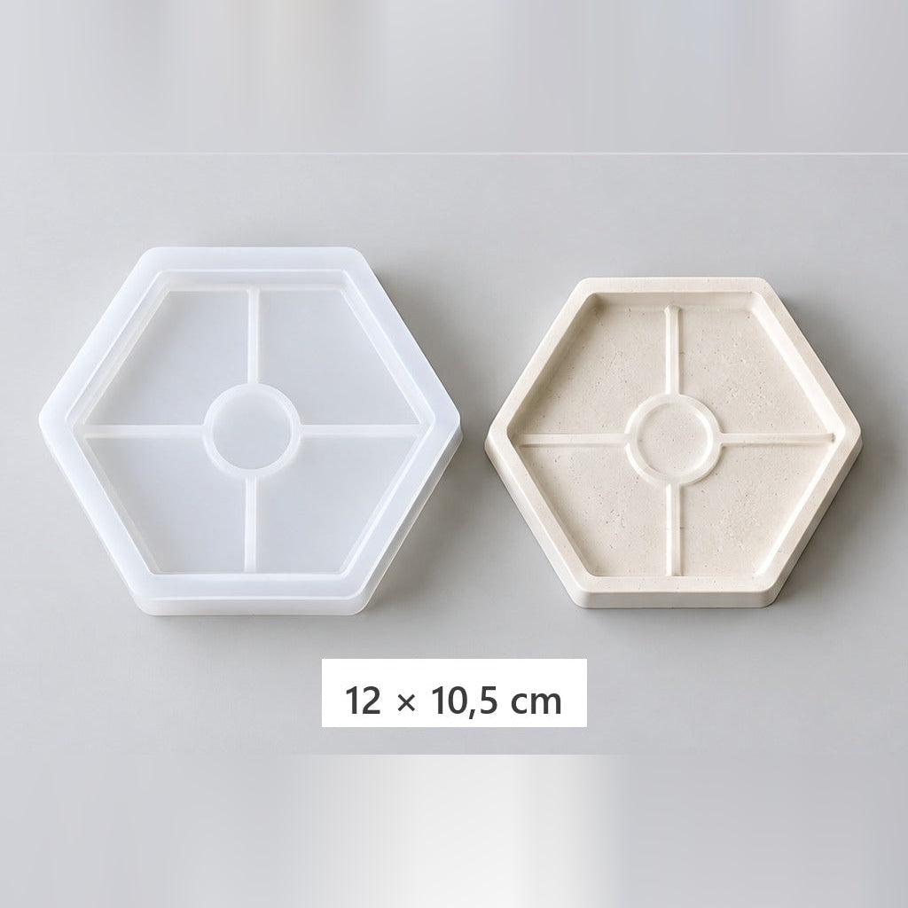 Pružná silikonová forma na odlévání podnosů a podtácků – šestihranný podnos – 12 × 10,5 cm