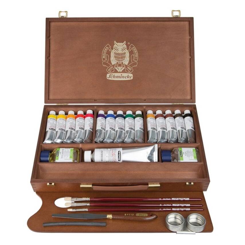 Schmincke MUSSINI dřevěný box s barvami 15 x 35 ml a bílou 150 ml