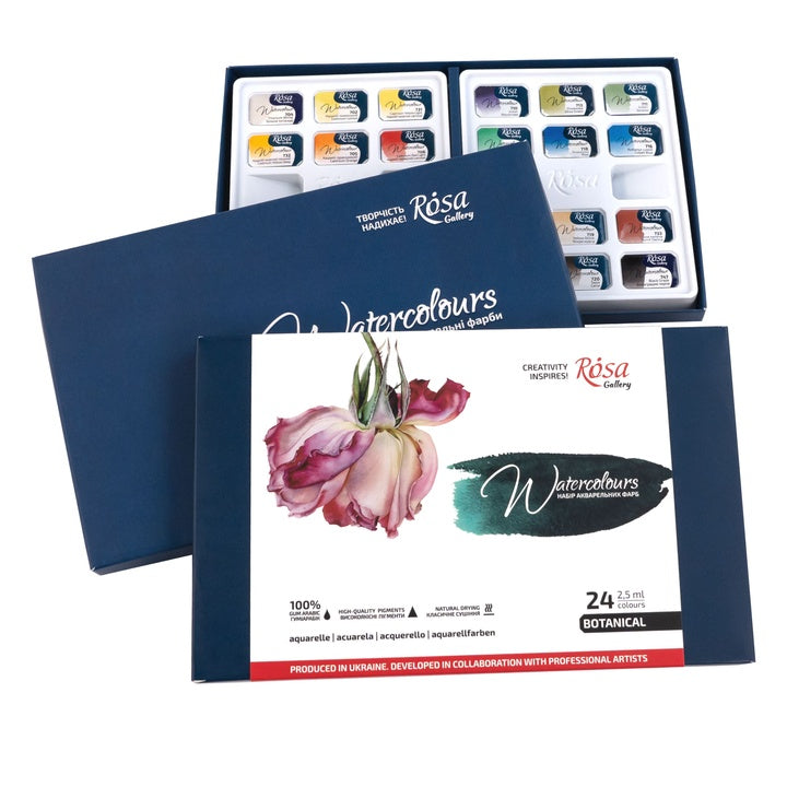 Sada akvarelových farieb "Botanycal", 24 farieb, plné panvice, kartón, ROSA GALLERY