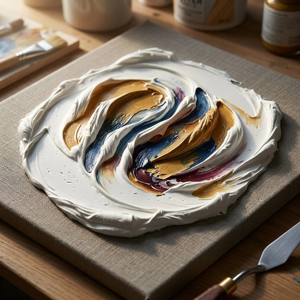 Impasto textury s 3D reliéfní modelovací pastou ARTMIE Butter — nanášení špachtlí na plátno