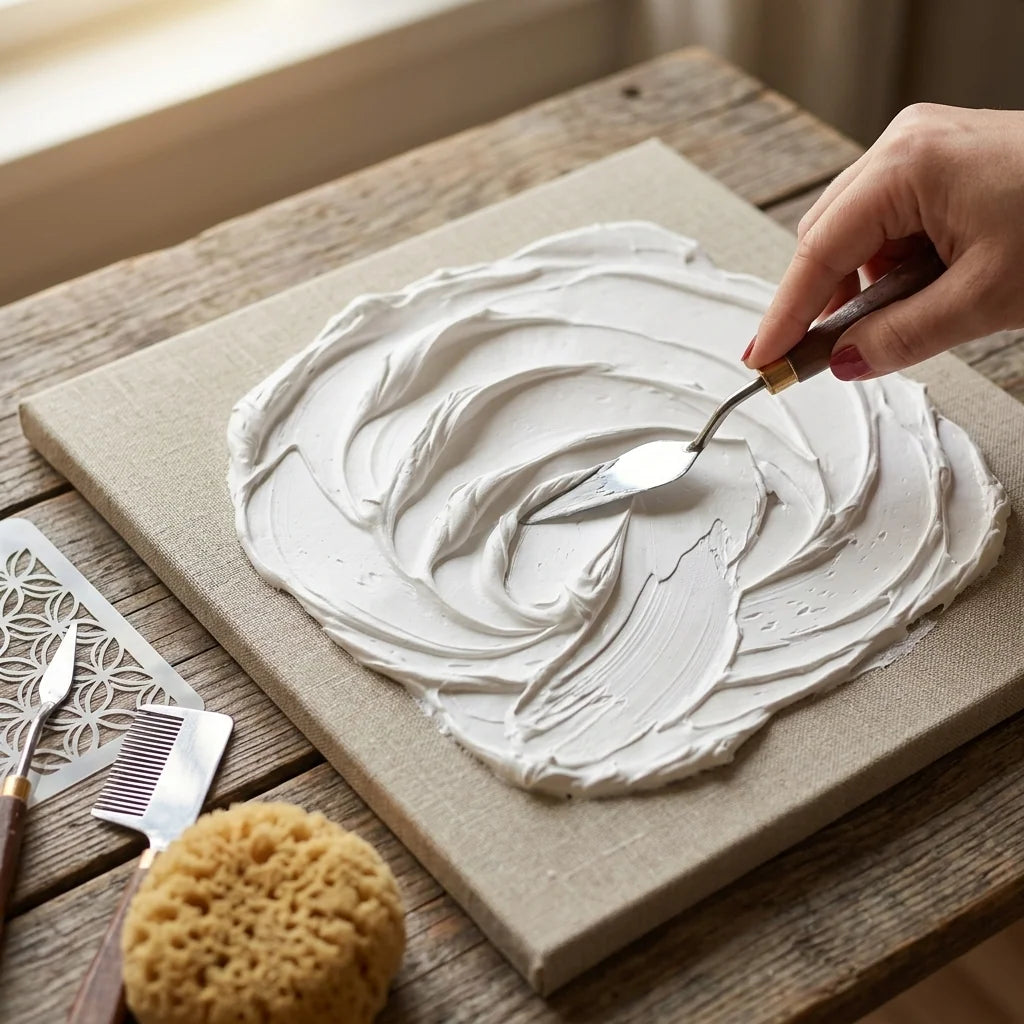 Modelování textury v pastě Butter — špachtle, houbička, hřeben, šablona