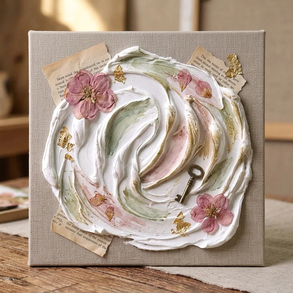 Mixed media koláž z pasty Butter — sušené květiny, vintage papír, mosazný klíč