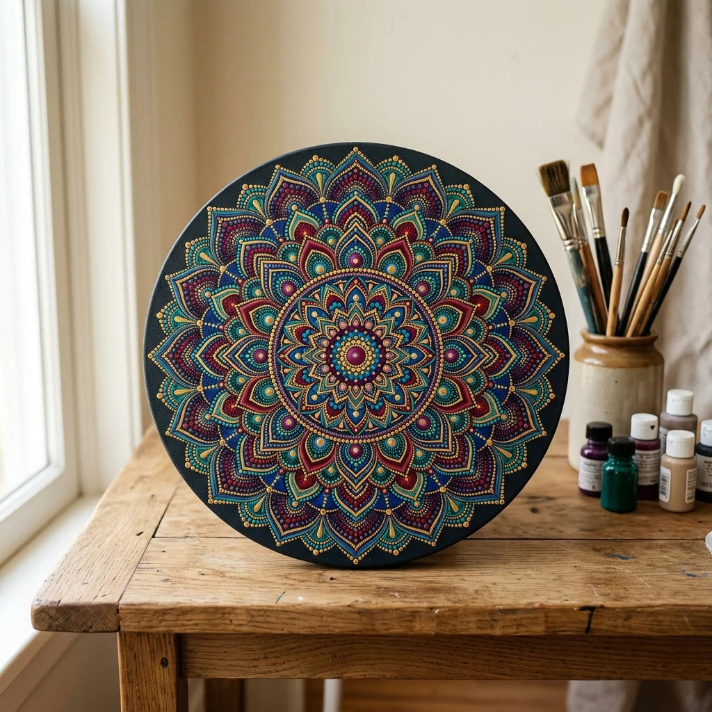 Mandala namalovaná na kulatém malířském plátně ARTMiE